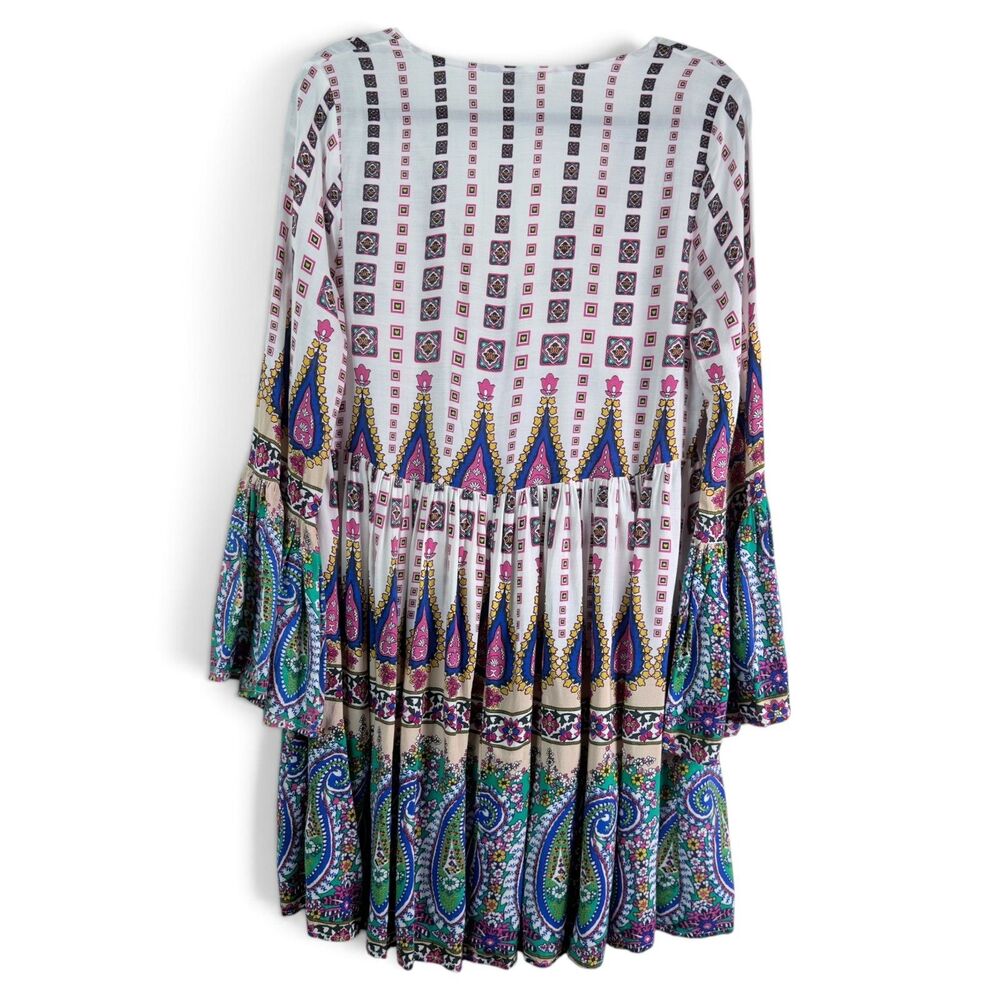 umgee paisley boho babydoll mini dress bell sleeves button front colorful size m - Picture 2 of 9